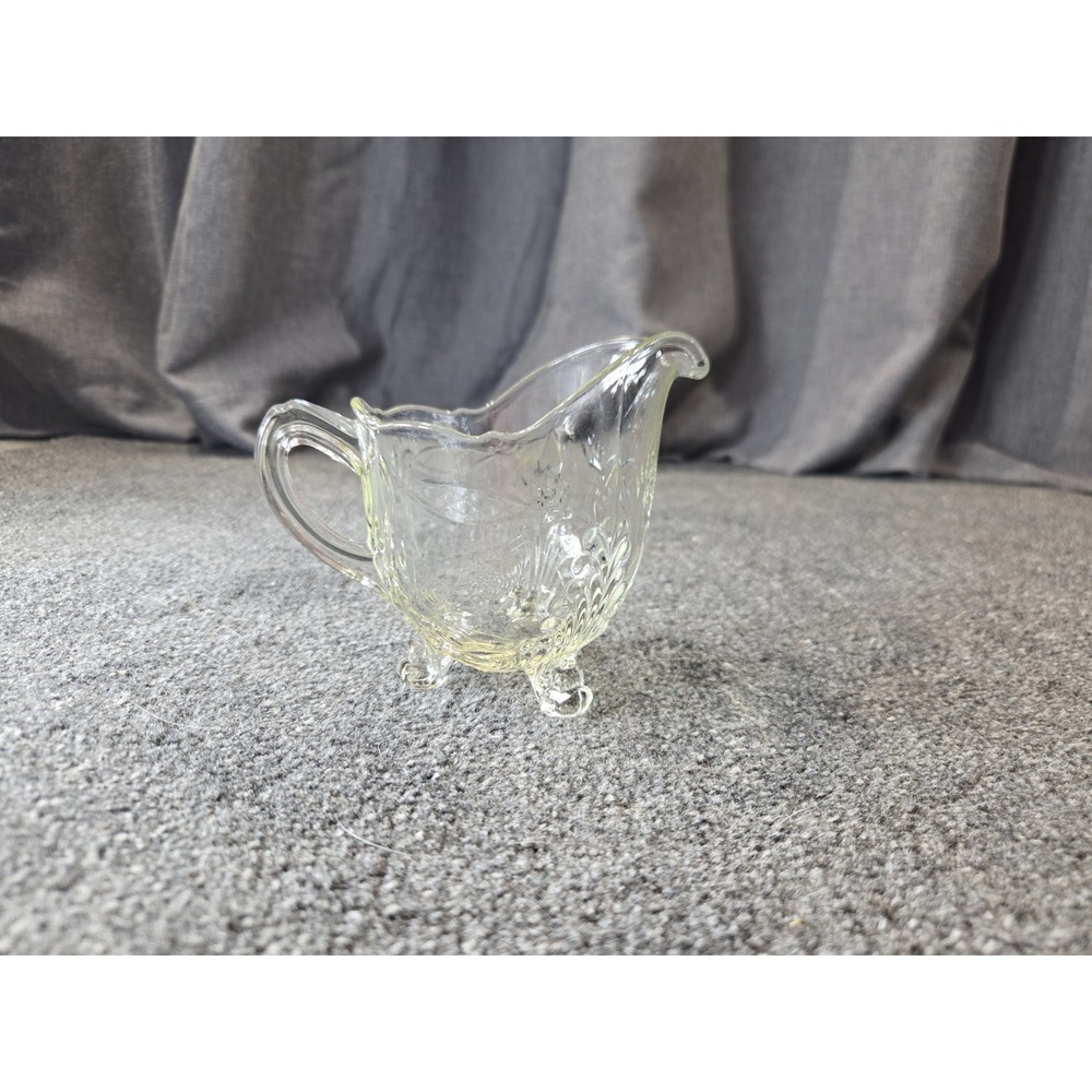 Vintage Footed Glass Creamer Pitcher Pressed Glass Floral Clear Light Yellow...